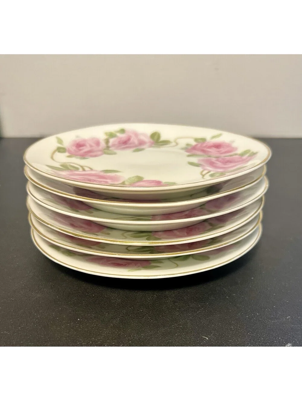 c 1900s 6 Bread Butter Plated Pink Roses Porcelain, 5”